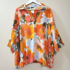 Joie - 100% Linen Tropical Floral Print Tunic Top - Size 1X